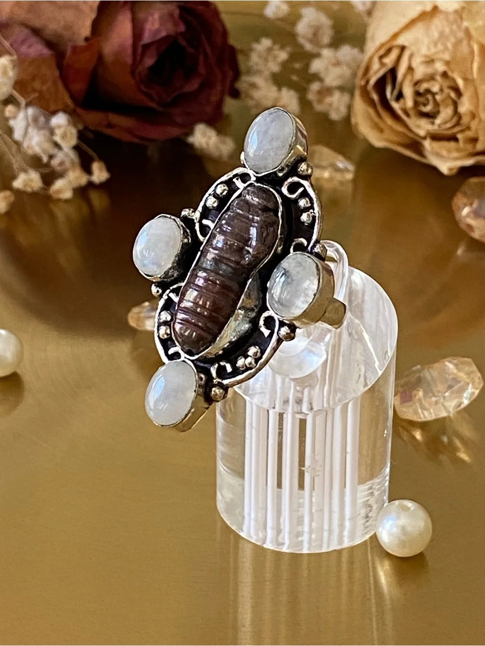 Moonstone And Biwa Pearl Ring Size 8.5